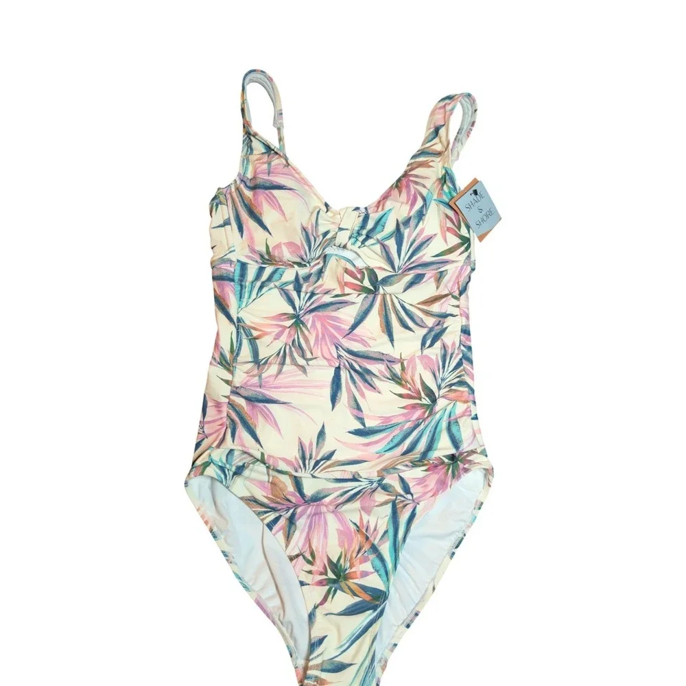 ⭐D4 Shade & Shore Women's Tropical Cream/Multicolr One Piece Swimsuit - L